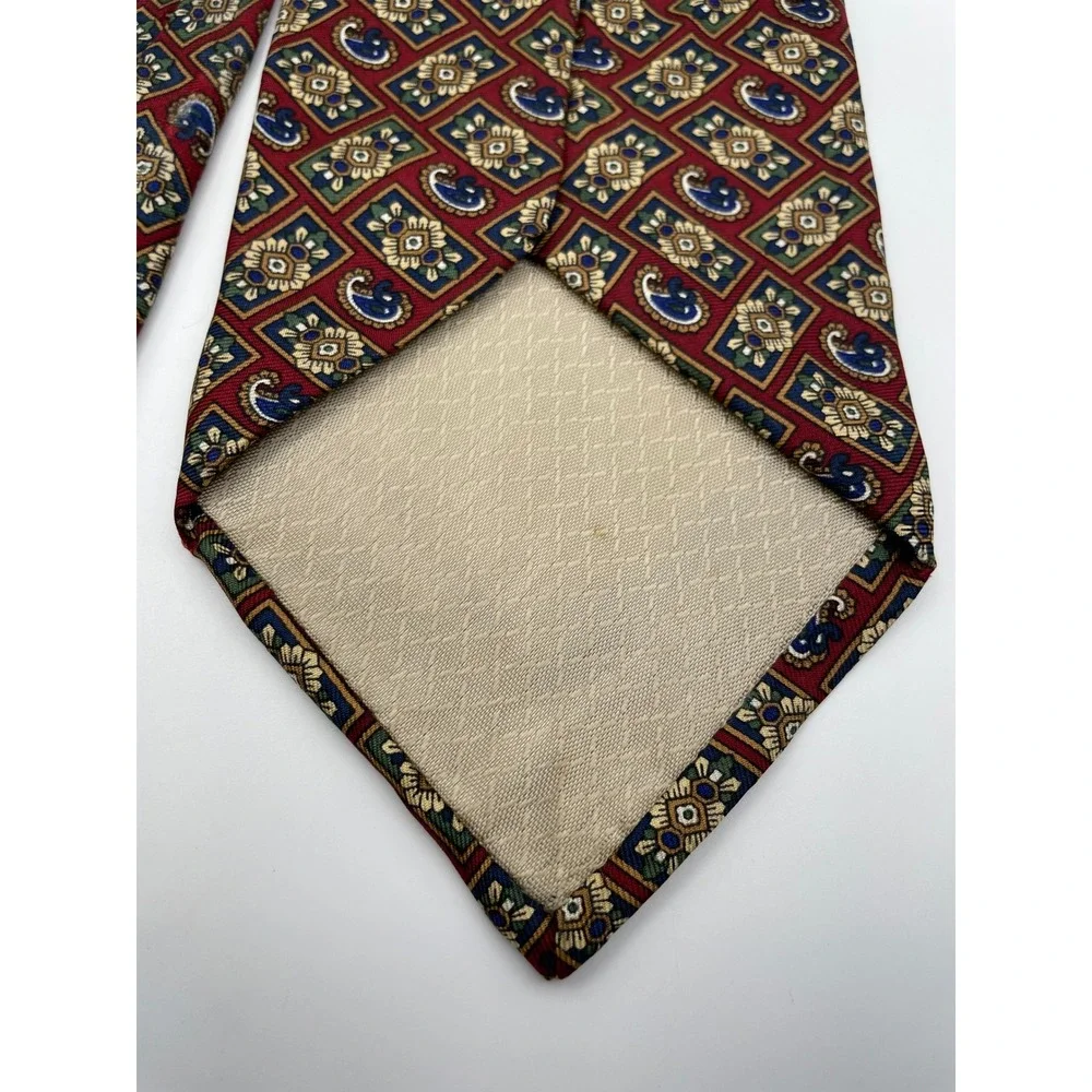 Caumont Extra Long Silk Tie Mens Burgundy Navy Gold Geometric Paisley Medallion
